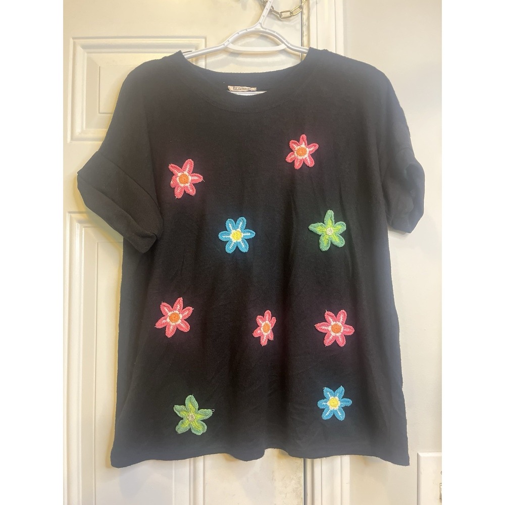 Blumin Black Knit Top Large Crochet Flower Applique Oversized Drop Shoulder Tee